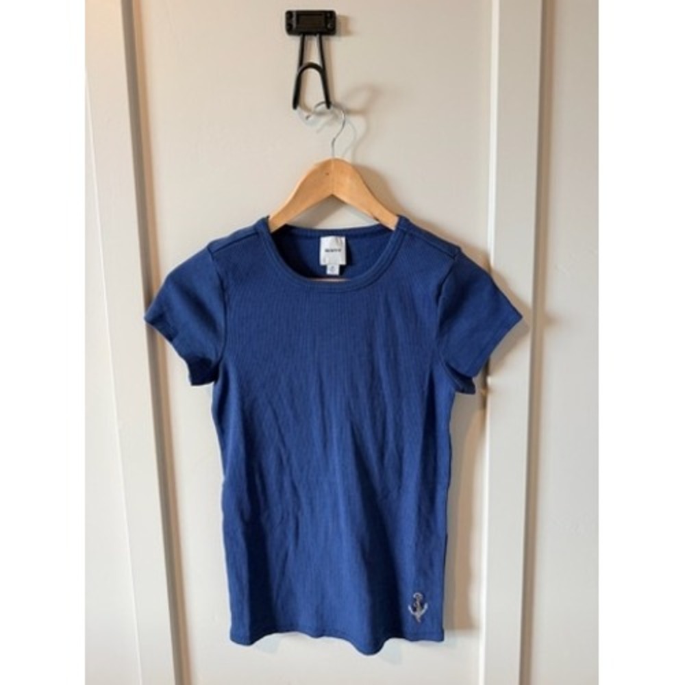 Maeve Anthropologie Blue Ribbed Short Sleeve Anchor Embroidered Tee Top M